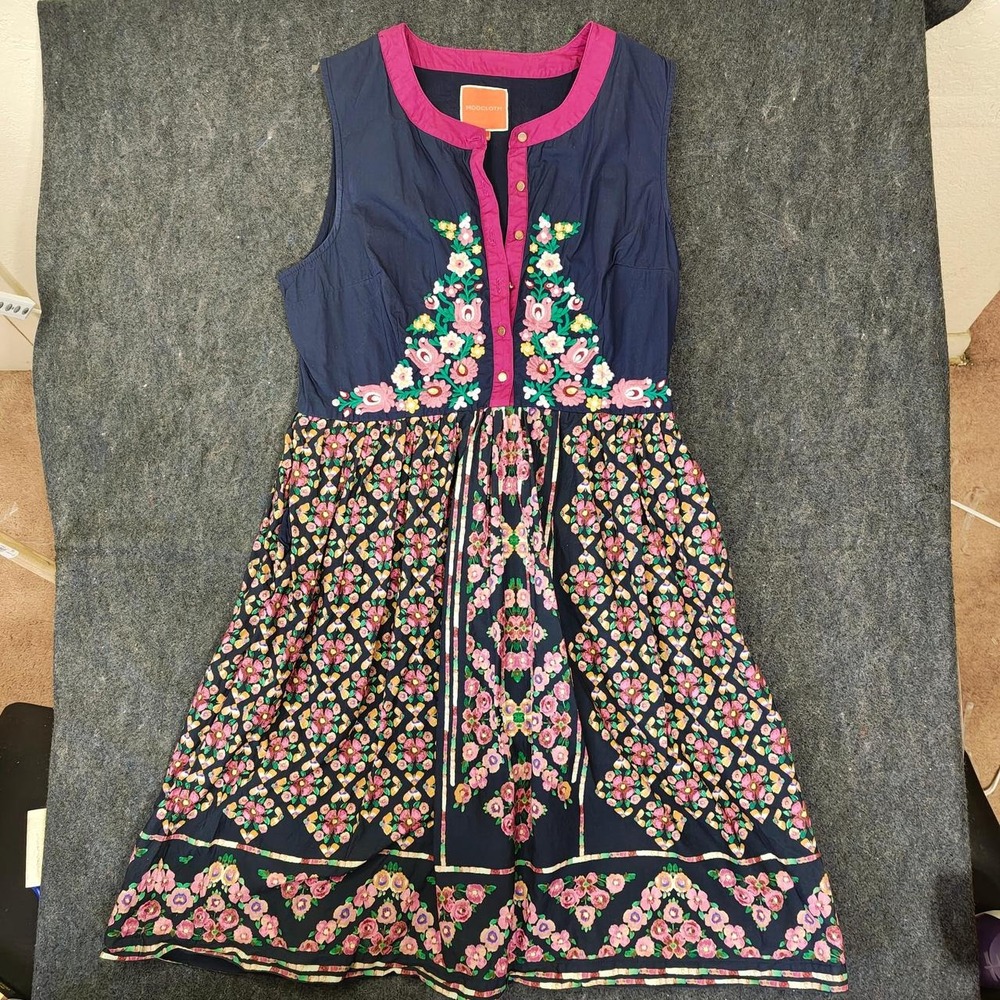Modcloth Navy Blue Floral Embroidered Cotton Sleeveless Dress Pink Accents L